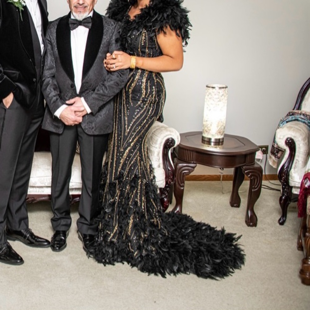 Original Miha Couture feathered black gown